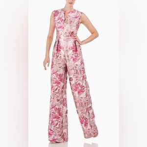 Kay Unger Cleo Jumpsuit 12 Pink Floral Jacquard Retail $398 Wedding Party Chic